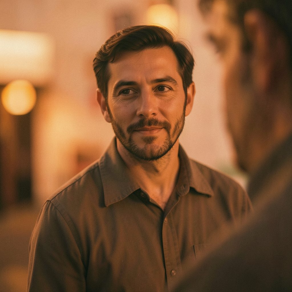 Retrato de René Calpanchay, emprendedor local, con expresión serena y vestimenta tradicional andina, fondo de paisaje montañoso en tonos tierra y ocres.